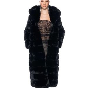AZALEA WANG FAUX FUR PANEL HOODED TRENCH IN BLACK